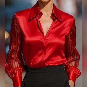 Red Button-Front Blouse with Sheer Stripe Sleeves